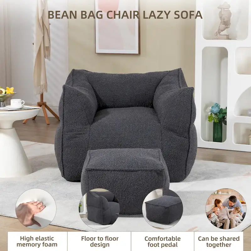 Boucle Upholstered Deep Seat Armless Square Bean Bag Chair with Ottoman