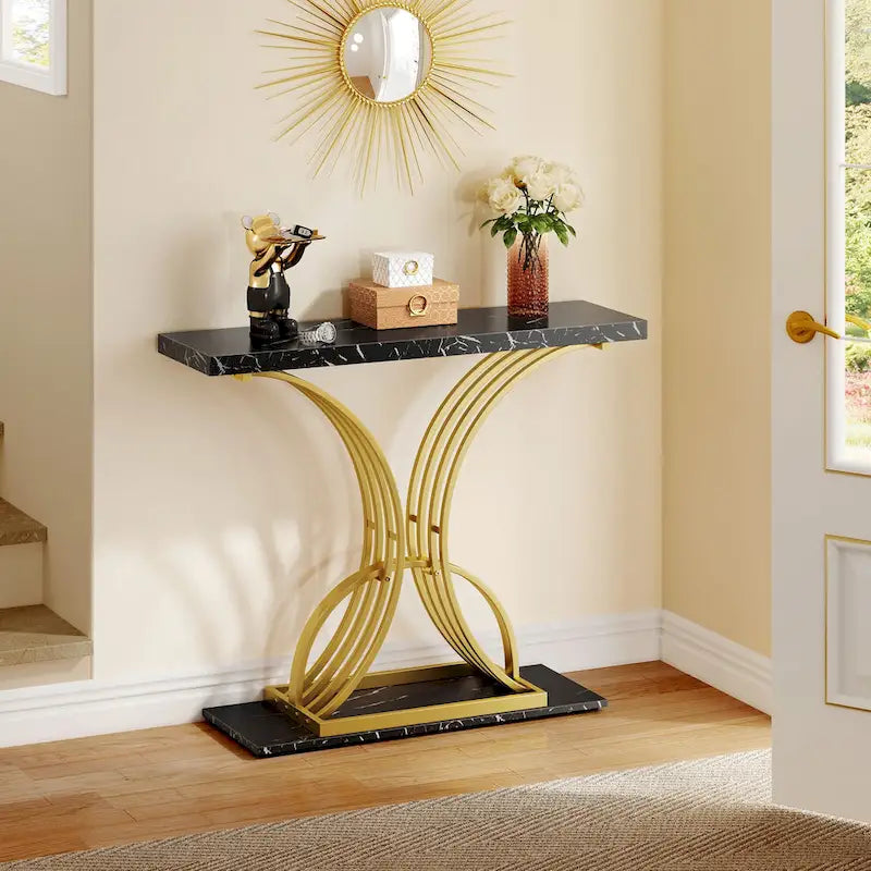 Faux Marble Console Table with Gold Geometric Base - 39 Inch