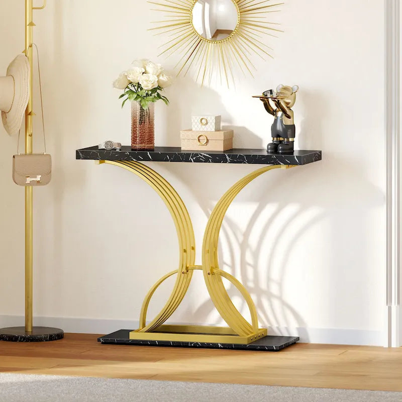 Faux Marble Console Table with Gold Geometric Base - 39 Inch