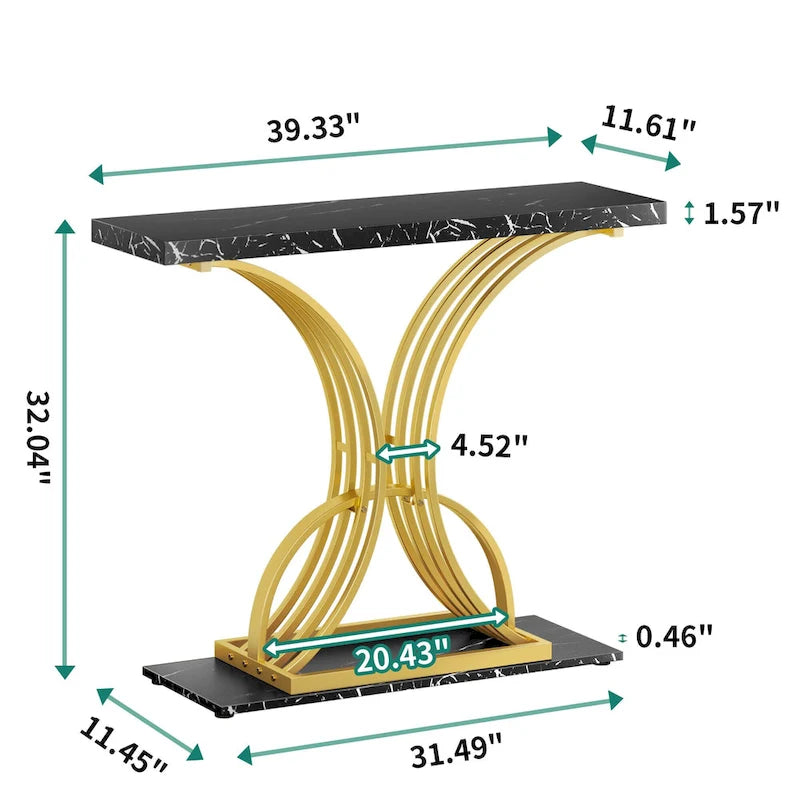 Faux Marble Console Table with Gold Geometric Base - 39 Inch