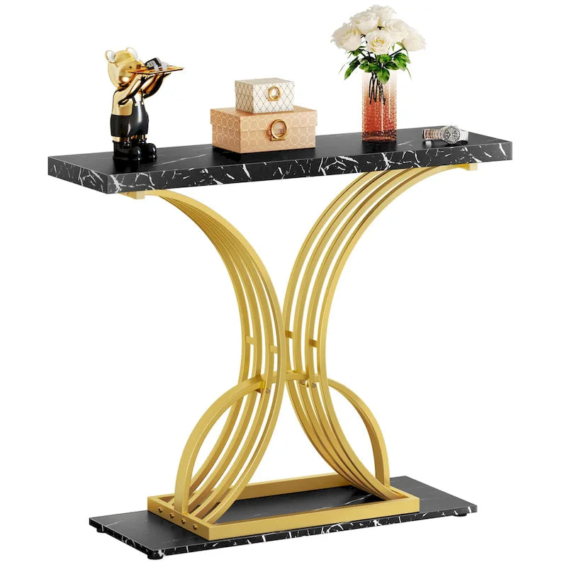 Faux Marble Console Table with Gold Geometric Base - 39 Inch