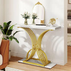 Faux Marble Console Table with Gold Geometric Base - 39 Inch