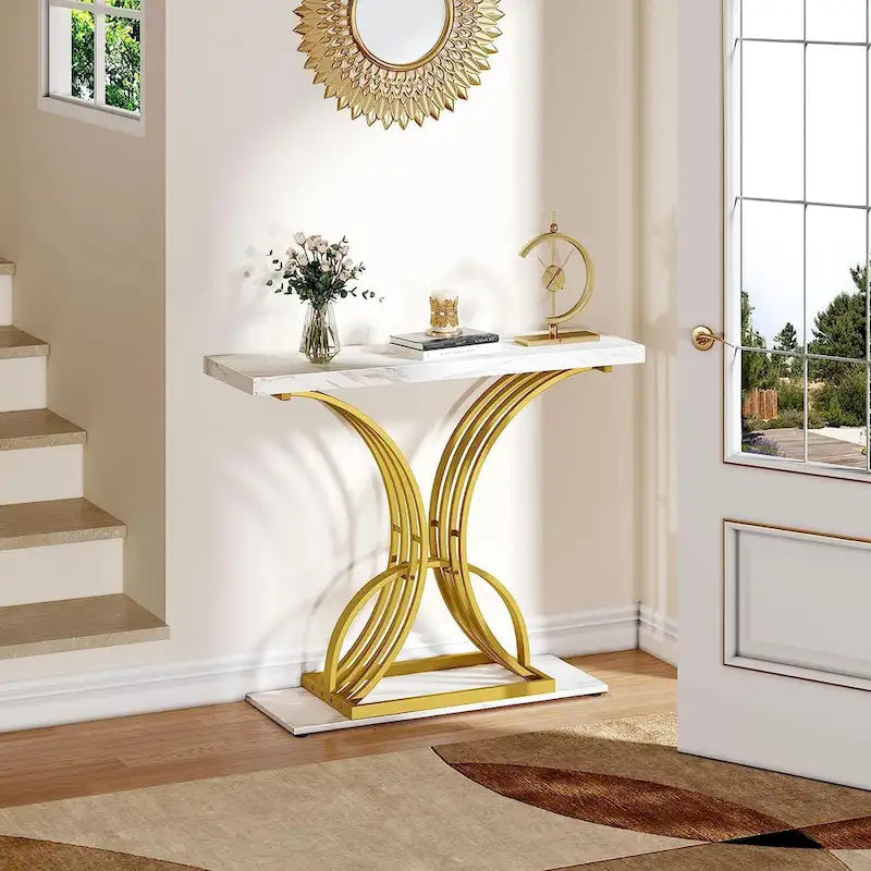 Faux Marble Console Table with Gold Geometric Base - 39 Inch
