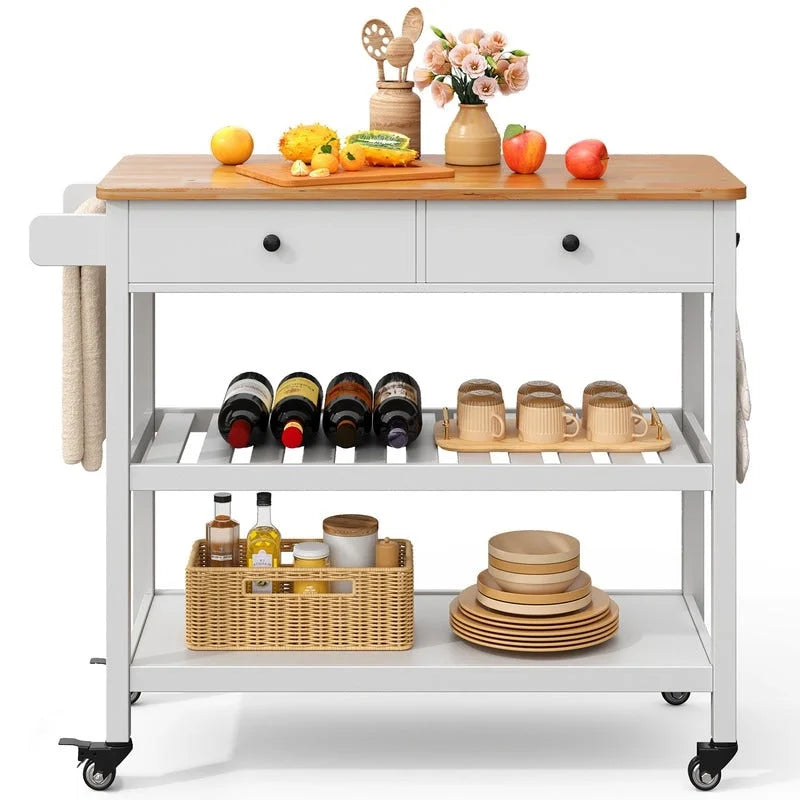 Kitchen Island Cart, Rolling Trolley Utility Cart on Wheels with 2 Drawers and 2 Open Tiers Storage Shelves