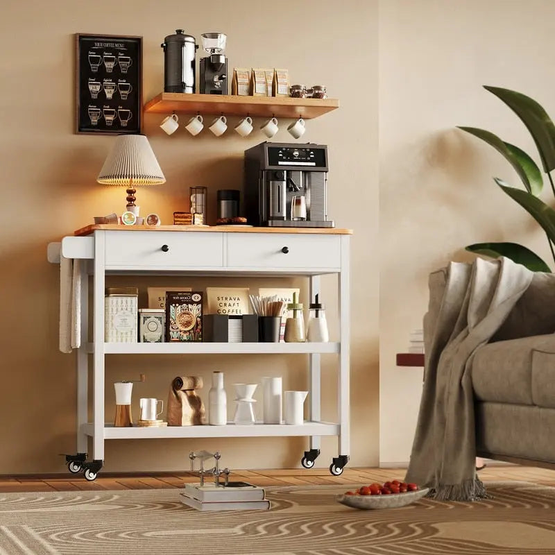 Kitchen Island Cart, Rolling Trolley Utility Cart on Wheels with 2 Drawers and 2 Open Tiers Storage Shelves