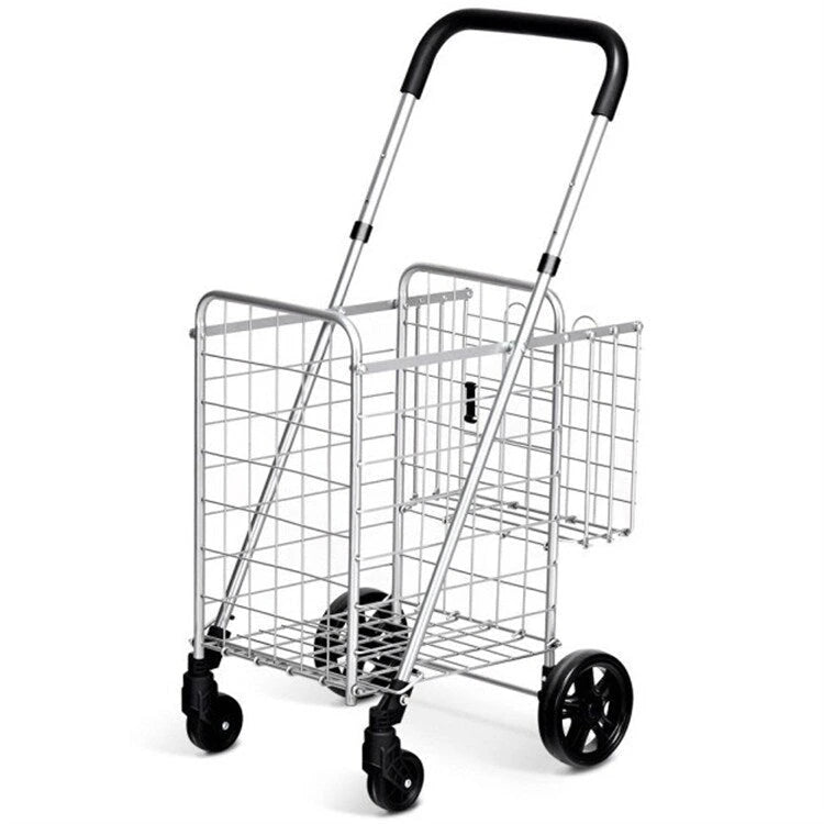 Folding Shopping Basket Rolling Trolley with Adjustable Handle