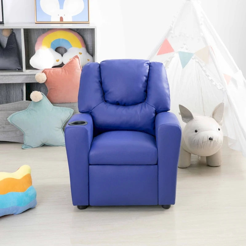 PVC Kids Recliner Chair with Push-Back Reclining Function, Cup Holder, and Comfortable Footres