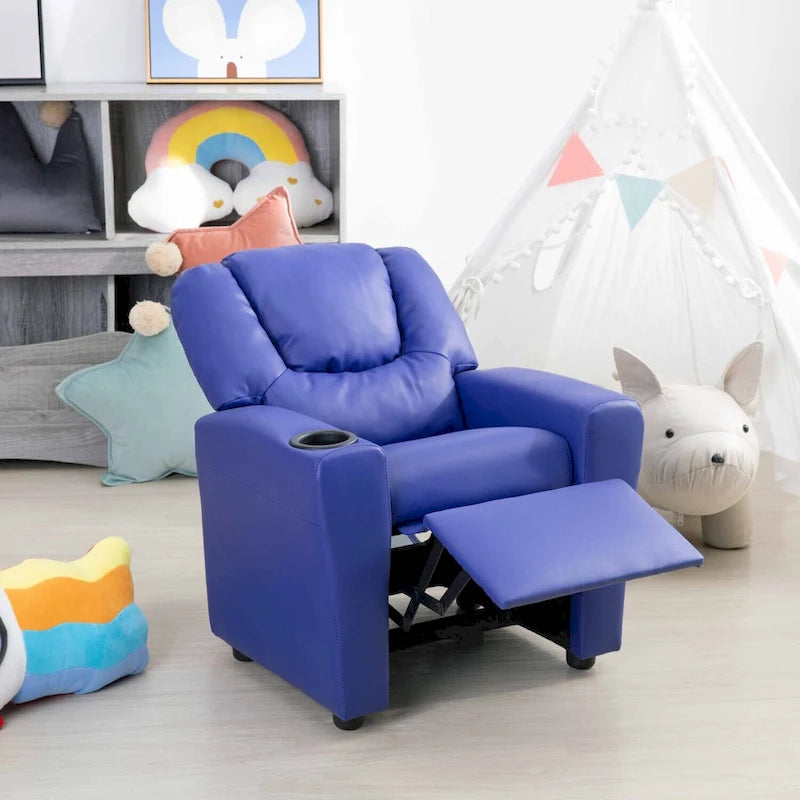 PVC Kids Recliner Chair with Push-Back Reclining Function, Cup Holder, and Comfortable Footres