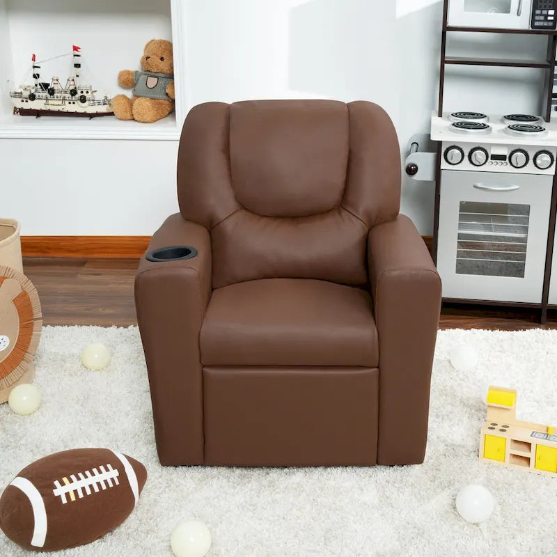 PVC Kids Recliner Chair with Push-Back Reclining Function, Cup Holder, and Comfortable Footres