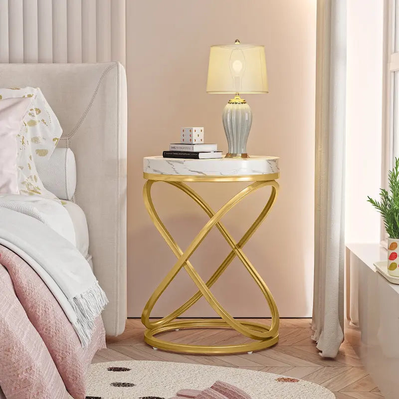 19-Inch Modern Round End Side Table with Metal Farme for Sofa Side Living Room Bedroom