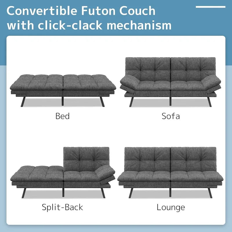 Modern Memory Foam Futon with Adjustable Armrests