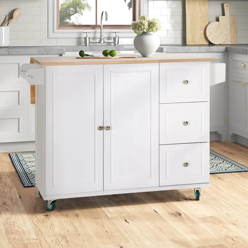 Kitchen Island Cart with Drop-Leaf and Rubber Wood Top, Rolling Kitchen Trolley Cart Cabinet