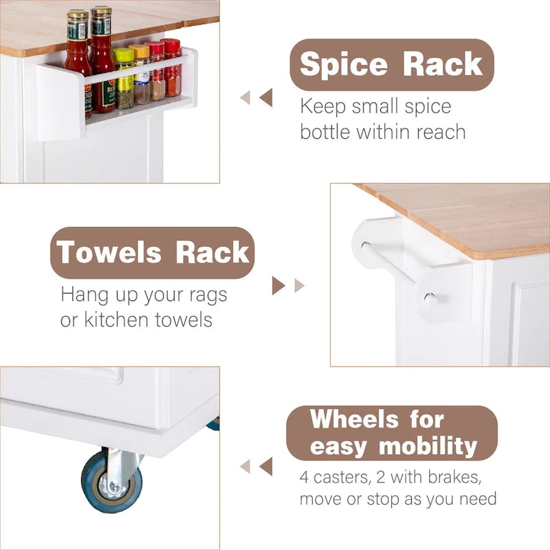 Kitchen Island Cart with Drop-Leaf and Rubber Wood Top, Rolling Kitchen Trolley Cart Cabinet