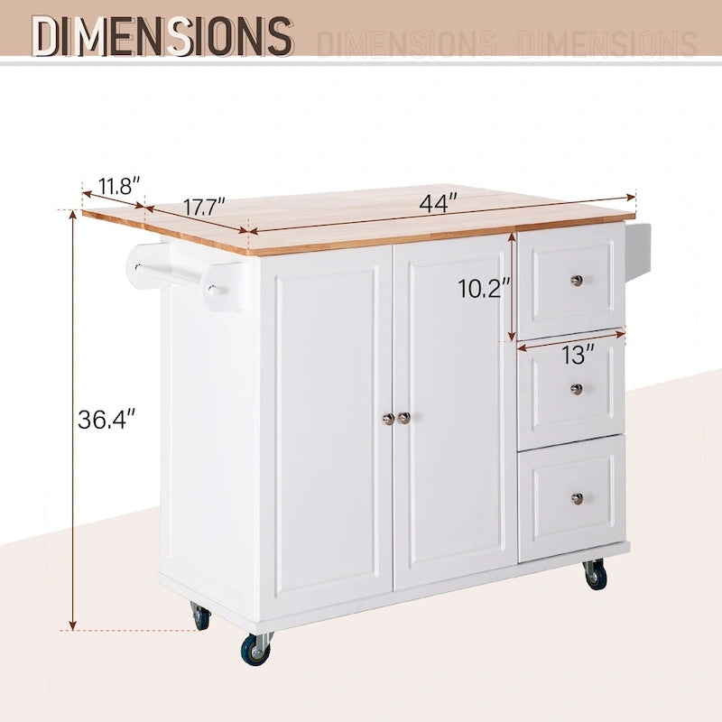 Kitchen Island Cart with Drop-Leaf and Rubber Wood Top, Rolling Kitchen Trolley Cart Cabinet