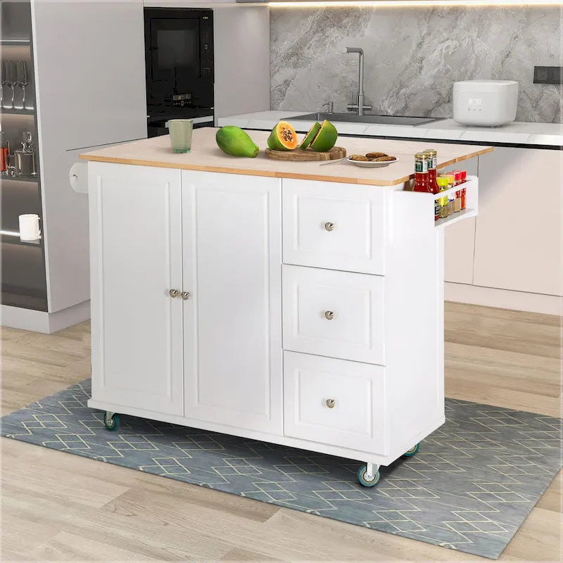 Kitchen Island Cart with Drop-Leaf and Rubber Wood Top, Rolling Kitchen Trolley Cart Cabinet