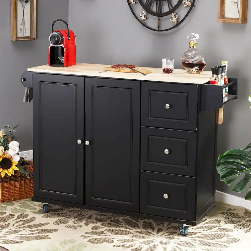 Kitchen Island Cart with Drop-Leaf and Rubber Wood Top, Rolling Kitchen Trolley Cart Cabinet