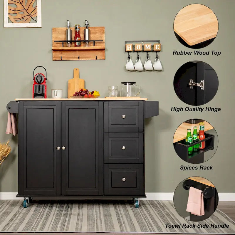Kitchen Island Cart with Drop-Leaf and Rubber Wood Top, Rolling Kitchen Trolley Cart Cabinet