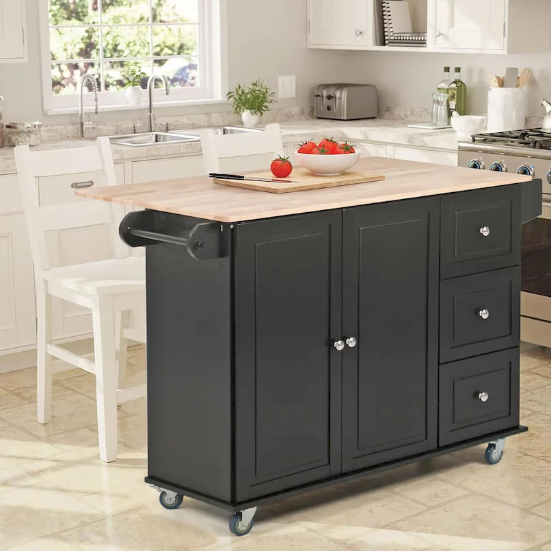Kitchen Island Cart with Drop-Leaf and Rubber Wood Top, Rolling Kitchen Trolley Cart Cabinet