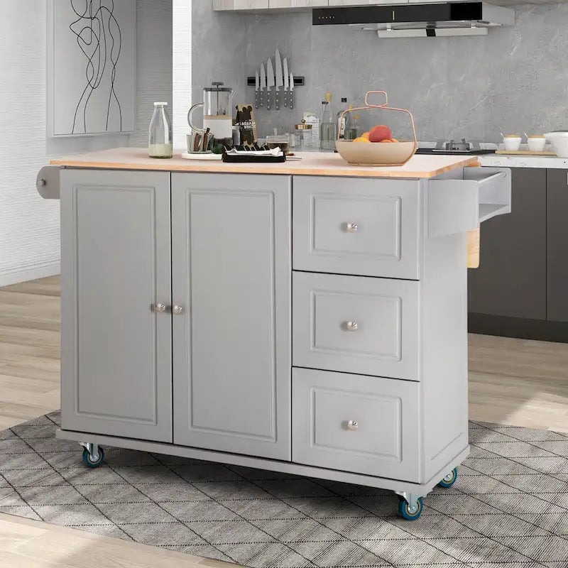 Kitchen Island Cart with Drop-Leaf and Rubber Wood Top, Rolling Kitchen Trolley Cart Cabinet