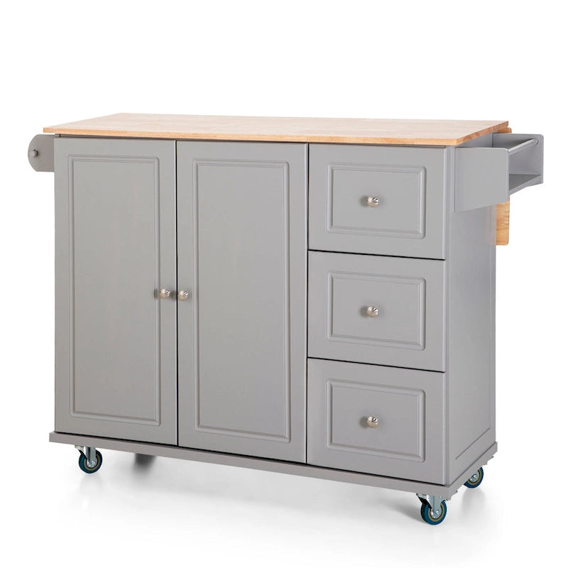 Kitchen Island Cart with Drop-Leaf and Rubber Wood Top, Rolling Kitchen Trolley Cart Cabinet