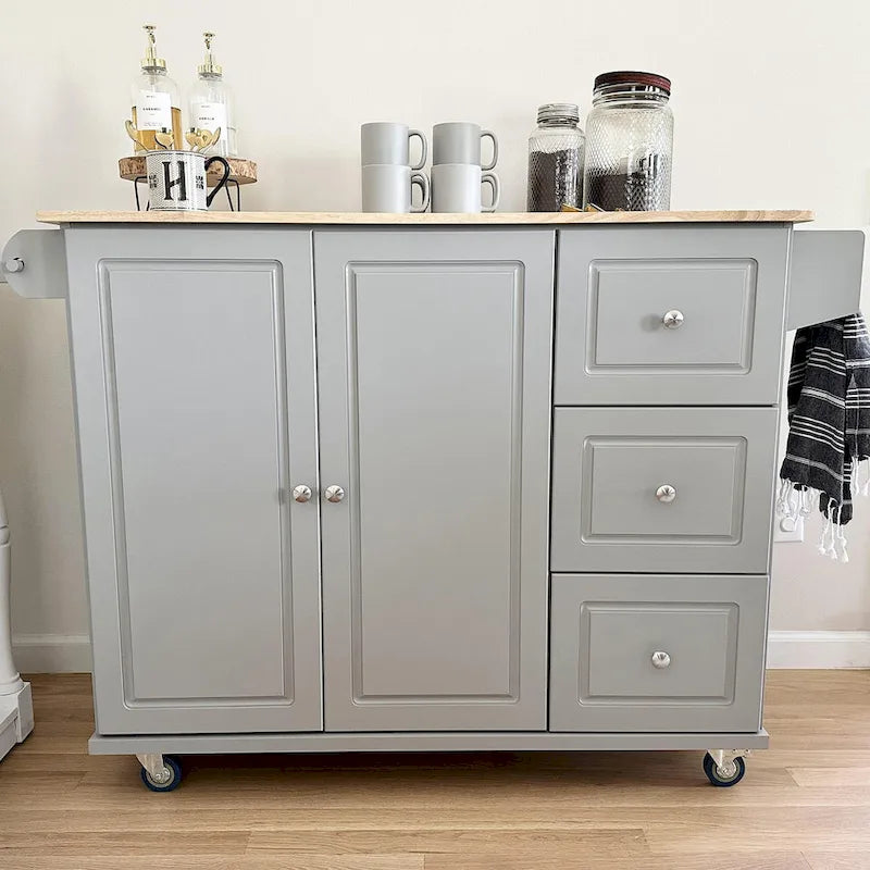 Kitchen Island Cart with Drop-Leaf and Rubber Wood Top, Rolling Kitchen Trolley Cart Cabinet