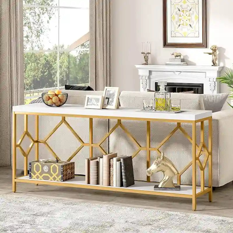 Brown 70.9-inch Industrial Console Table with Storage Shelf