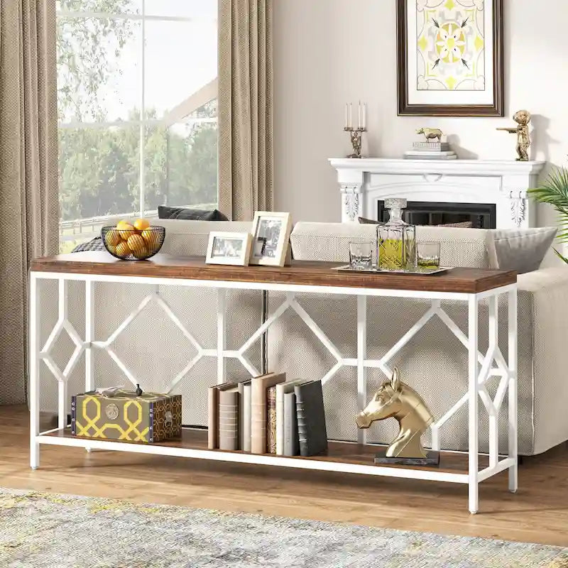Brown 70.9-inch Industrial Console Table with Storage Shelf