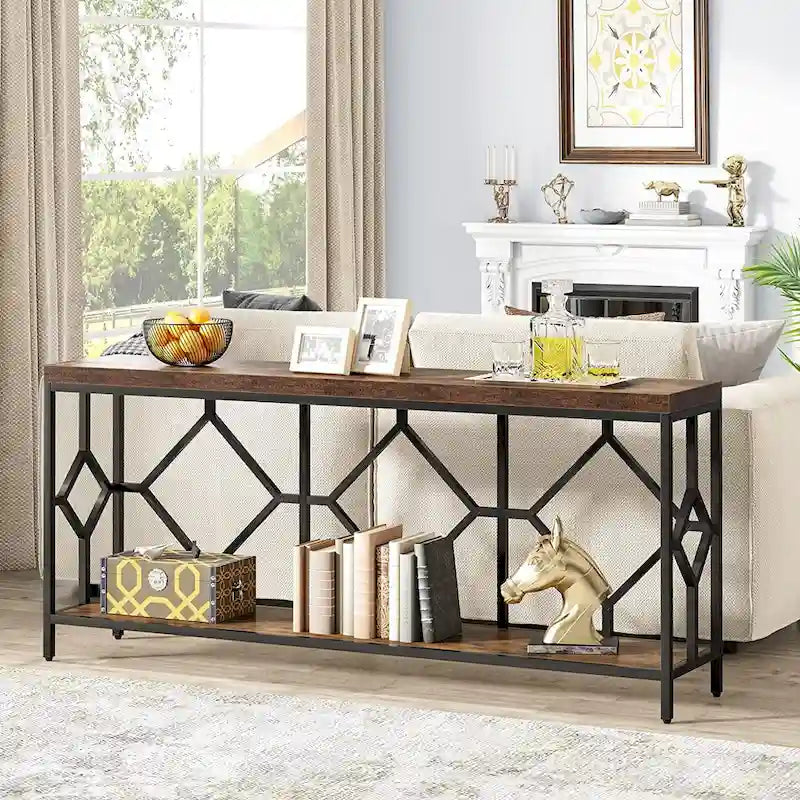 Brown 70.9-inch Industrial Console Table with Storage Shelf