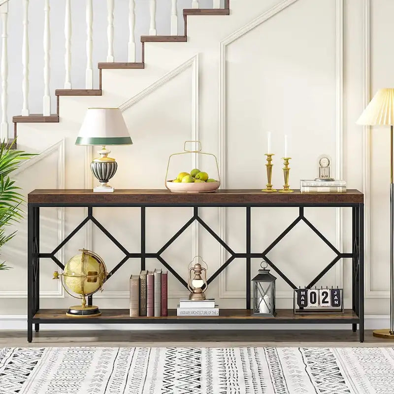 Brown 70.9-inch Industrial Console Table with Storage Shelf