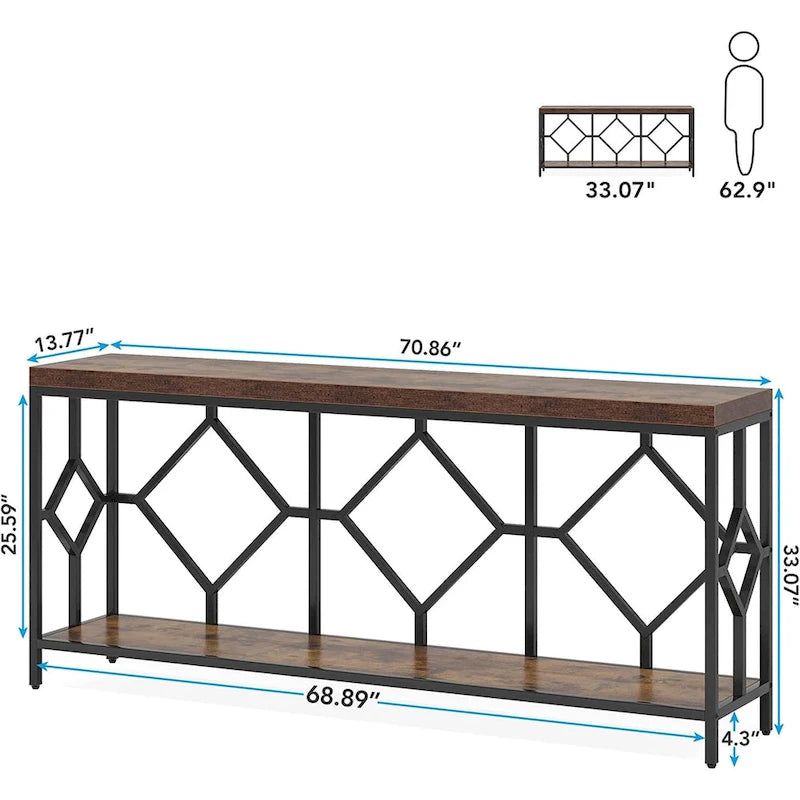 Brown 70.9-inch Industrial Console Table with Storage Shelf