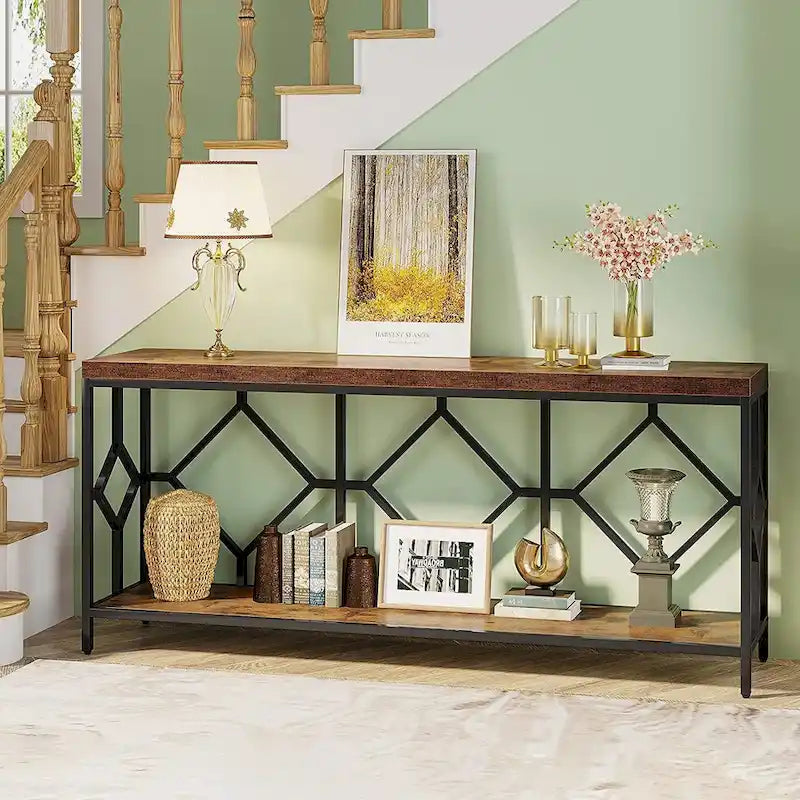 Brown 70.9-inch Industrial Console Table with Storage Shelf