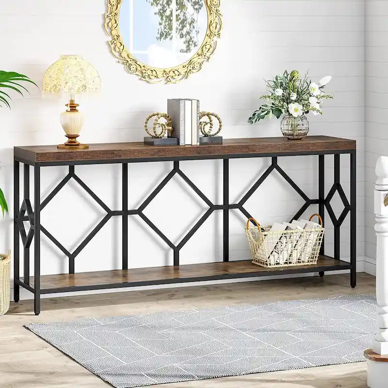 Brown 70.9-inch Industrial Console Table with Storage Shelf
