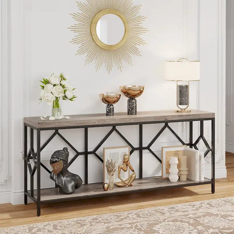 Brown 70.9-inch Industrial Console Table with Storage Shelf