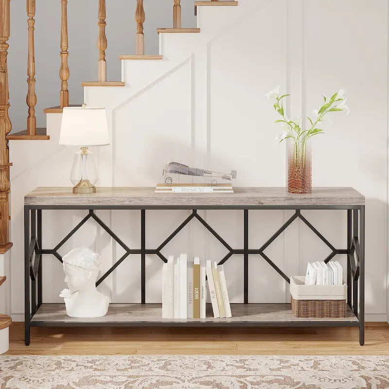 Brown 70.9-inch Industrial Console Table with Storage Shelf