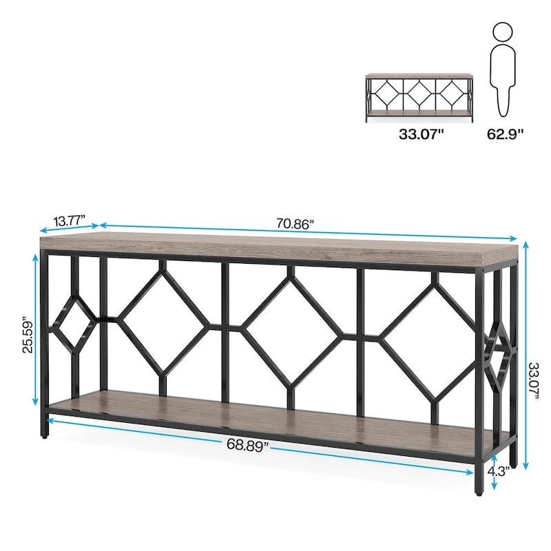 Brown 70.9-inch Industrial Console Table with Storage Shelf