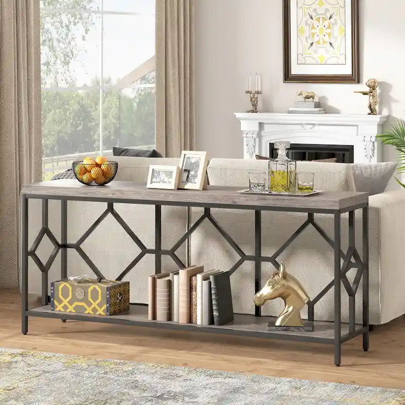 Brown 70.9-inch Industrial Console Table with Storage Shelf