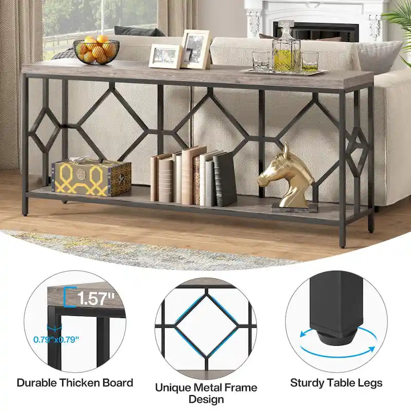 Brown 70.9-inch Industrial Console Table with Storage Shelf