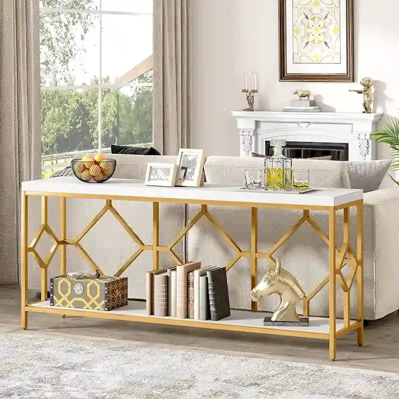 Brown 70.9-inch Industrial Console Table with Storage Shelf