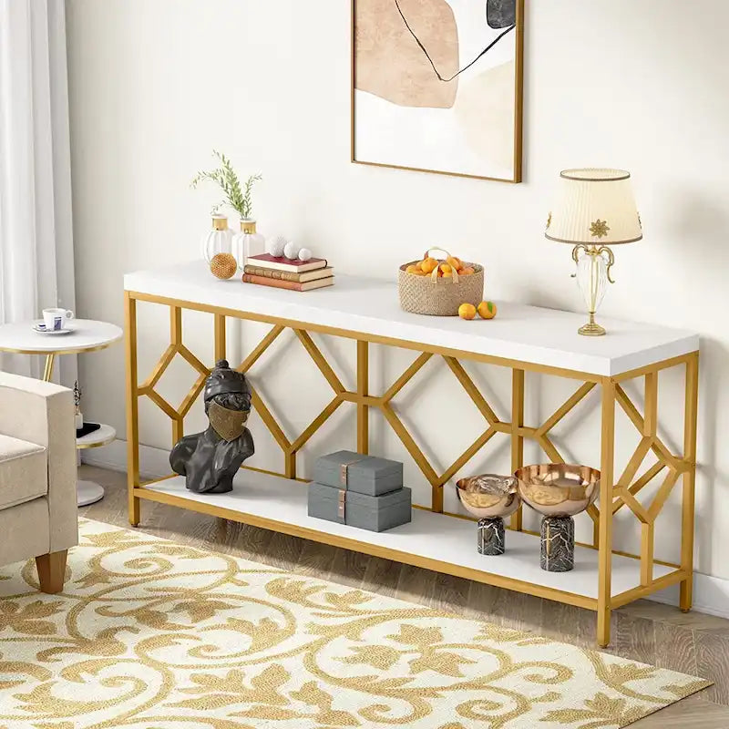 Brown 70.9-inch Industrial Console Table with Storage Shelf