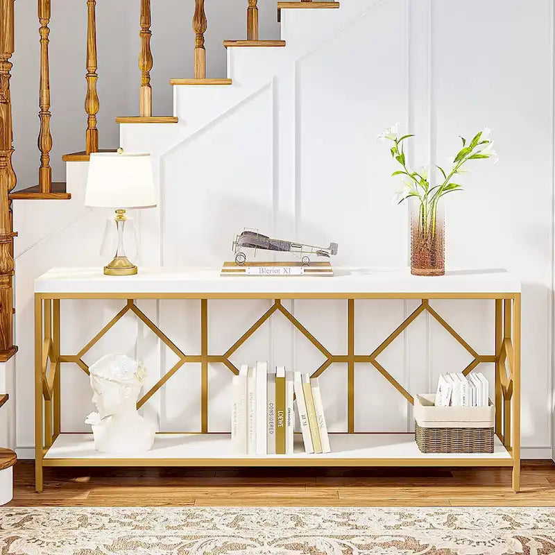 Brown 70.9-inch Industrial Console Table with Storage Shelf