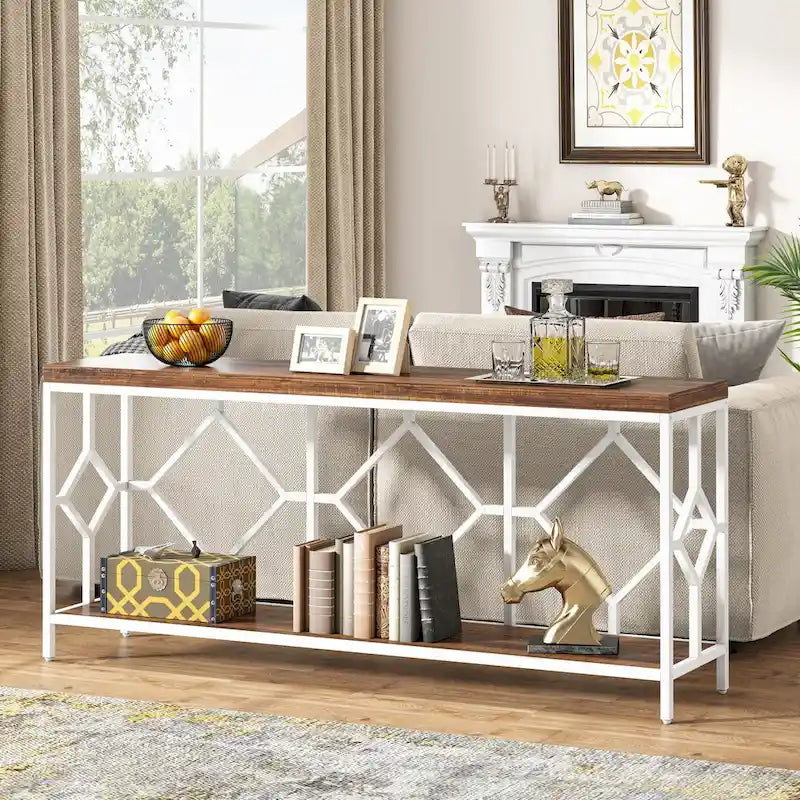 Brown 70.9-inch Industrial Console Table with Storage Shelf