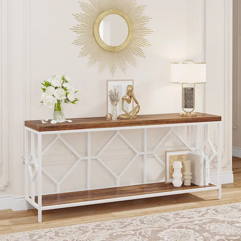 Brown 70.9-inch Industrial Console Table with Storage Shelf