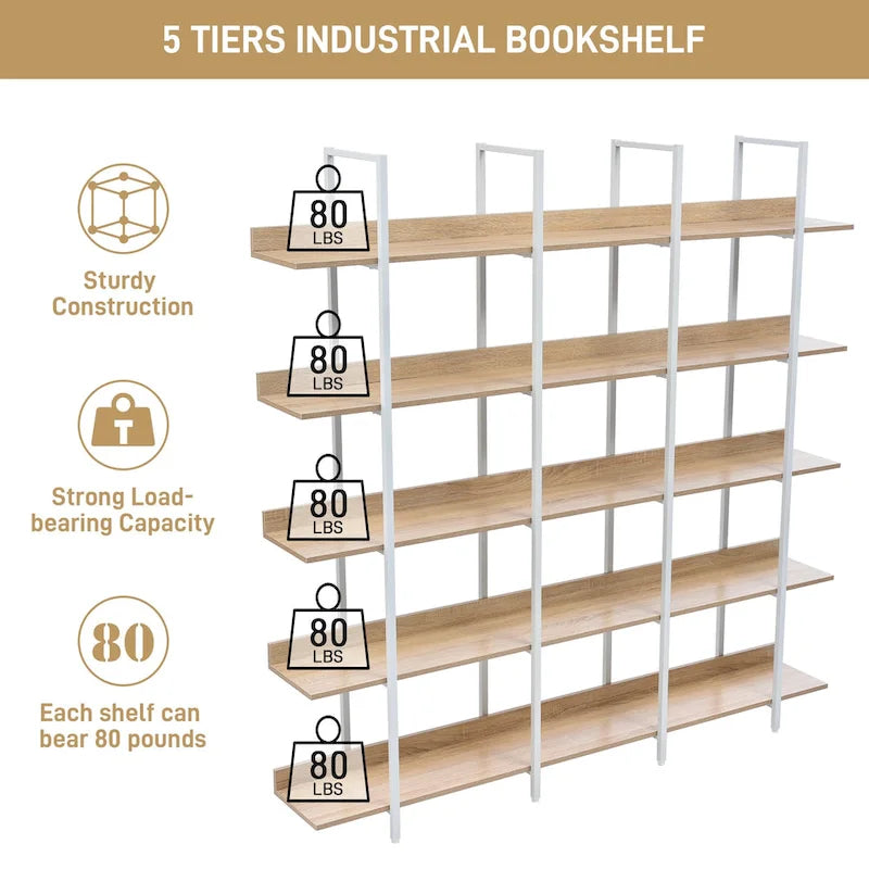 5 Tier Open Bookshelf, Vintage Industrial Style