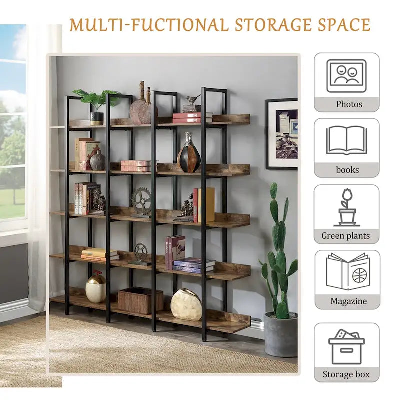 5 Tier Open Bookshelf, Vintage Industrial Style