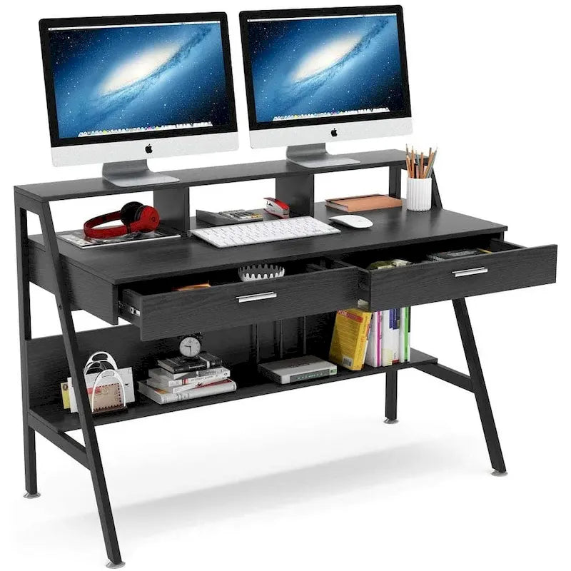 Computer Desk with 2 Drawers and Storage Shelves, Office Desk with Monitor Stand