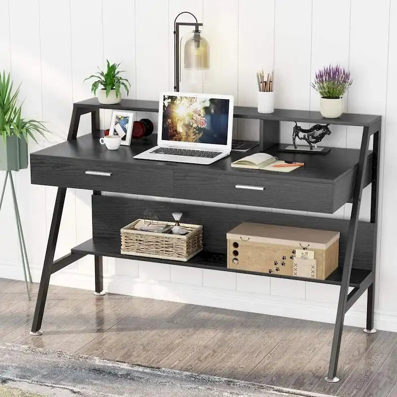 Computer Desk with 2 Drawers and Storage Shelves, Office Desk with Monitor Stand