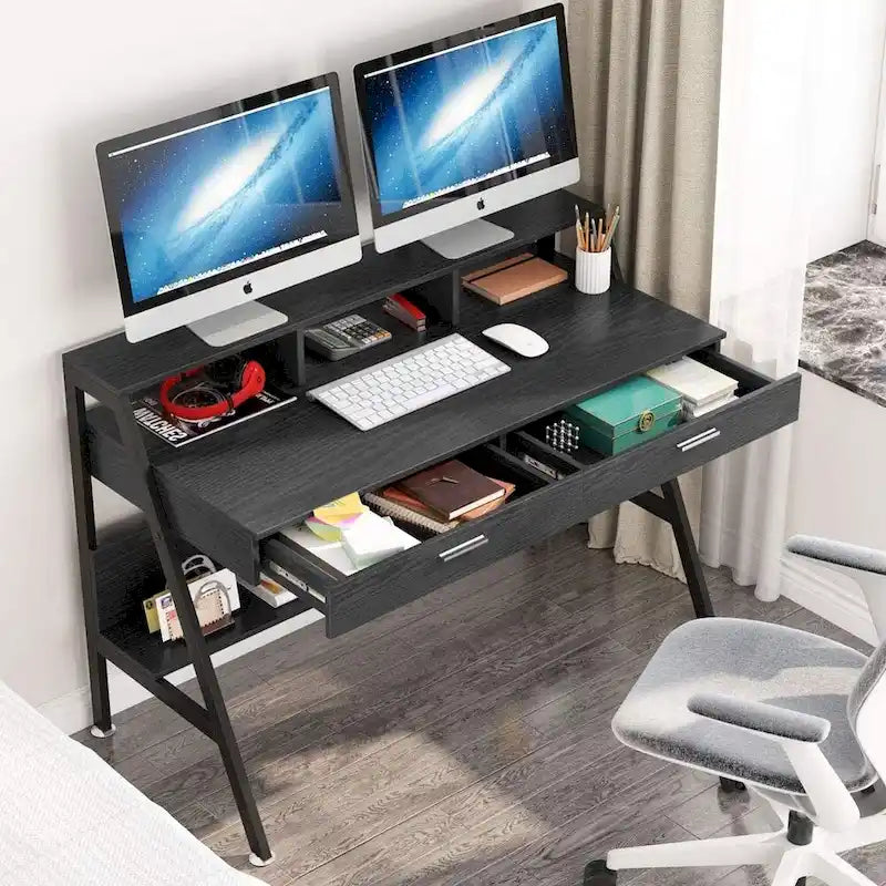 Computer Desk with 2 Drawers and Storage Shelves, Office Desk with Monitor Stand