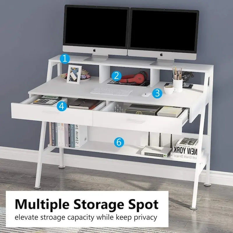 Computer Desk with 2 Drawers and Storage Shelves, Office Desk with Monitor Stand