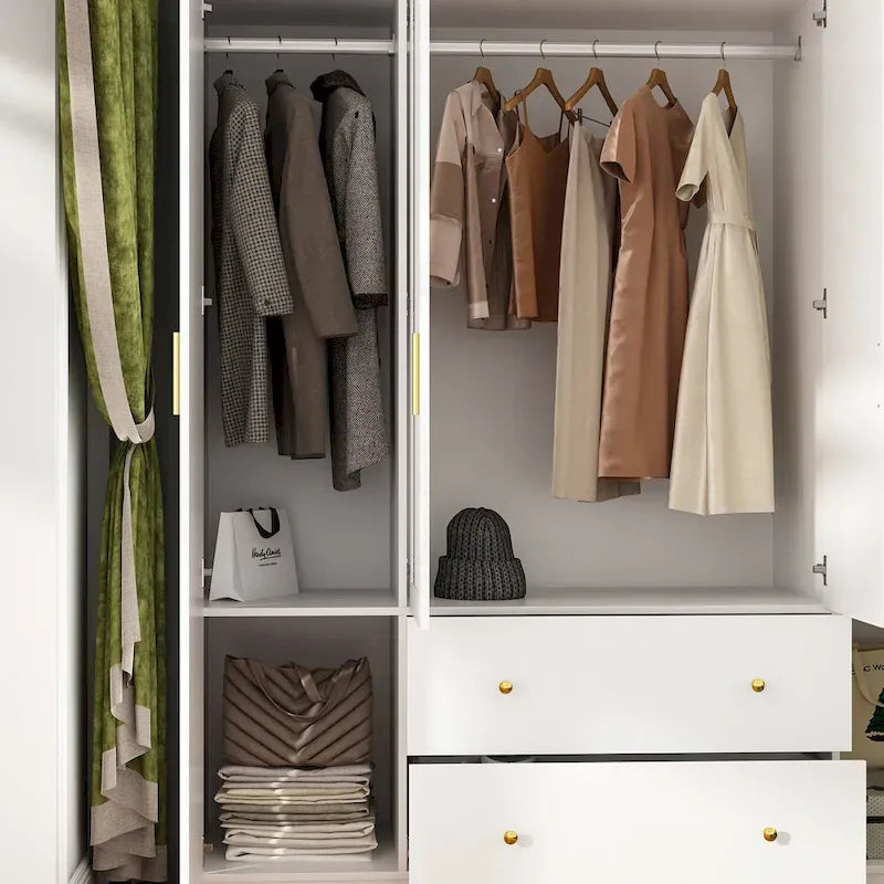 Wardrobe Armoire Wooden Closet with Mirror Storage Cubes Hanging Rod