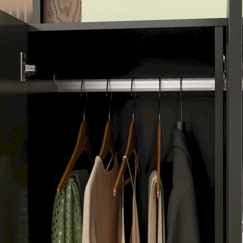 Wardrobe Armoire Wooden Closet with Mirror Storage Cubes Hanging Rod